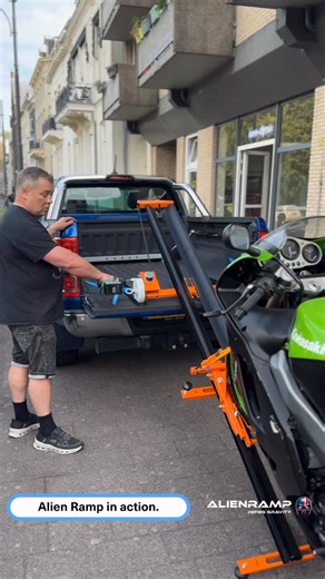 Solo loading, without the stress. The Alien Ramp is engineered for full control and rock-solid stability while loading your motorcycle into a pickup. No wobble, no lifting, no second person needed. Load, detach, and go — built for riders who do things right. #kawasaki #motorcycle #onemanloading #pickup #ridesmart | Neo-Dyne Powered Loading Systems