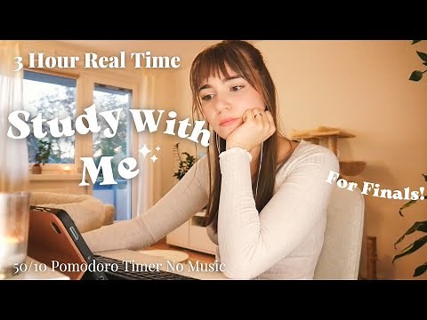 3 Hour Real Time Study With Me At Night + 50 10 Pomodoro Timer // no music