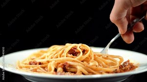Pasta Italian With Sauce Bolognese.Man Eats Italian Cuisine In Restaurant Eating Pasta Bolognese.Spaghetti With Tomato And Parmesan.Chef Tasting Spaghetti With Marinara Sauce.Delicious Italian Food.