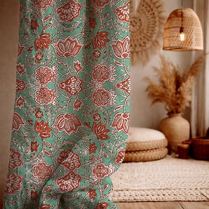 Floral Linen Curtain Panel, Mint Green & Rust, Indian Block Print Drapes - Etsy Canada