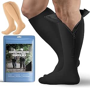 2 Pair Plus Size Closed Toe Compression Socks with Zipper, Compression Stockings for Overweight Women Men 15-20 mmHg
