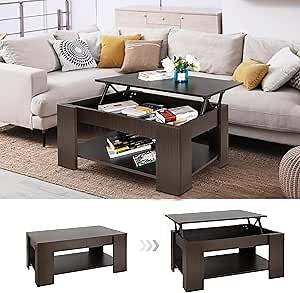 SUPER DEAL Modern Lift Top Coffee Table w/Hidden Compartment and Storage Shelves Pop-Up Storage Cocktail Table for Living Room Reception Room