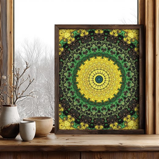 Green Yellow Pattern Wall Art, Earthy Ornamental Design, Layered Abstract Artwork Print - Etsy