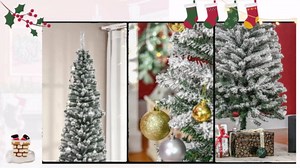 HOMCOM 7.5' Tall Unlit Snow-Flocked Slim Artificial Christmas Tree with Realistic Branches and 738 Tips