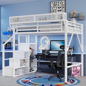 Mirightone Queen Loft Bed with Storage Shelves, Metal Loft Bed with Stairs, Heavy Duty High Loft Bed with Wardrobe for Teens Adults, White