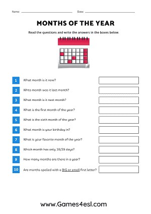 Months Of The Year Worksheets | Games4esl