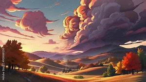 Rolling hills & autumn trees under a sunset sky with large clouds. Perfect for autumn themed designs, animated background, and live wallpaper.