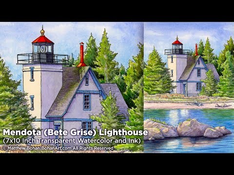 Painting Mendota (Bete Grise) Lighthouse: Watercolor & ink Painting, Process Time lapse & Commentary