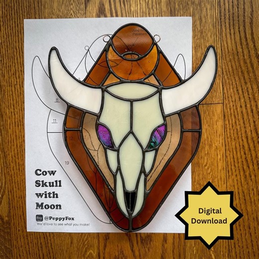 Stained Glass Pattern - DIGITAL FILE (pdf Png) - Western Cow Skull With Moon - Beginner/easy Suncatcher Template - Hobby Commercial License - Etsy
