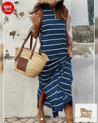 Blue Gray Stripe Print Open Back Sleeveless Maxi Dress with Slits