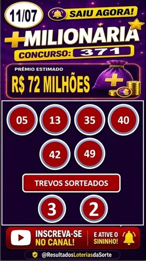 👉Resultado do Sorteio da Mais Milionária 371 | Confira os Números Sorteados - (11/07/2026)🍀 #shorts