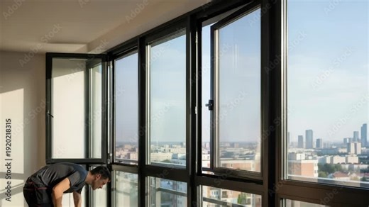 Man installing a magnetic insect screen on an open window, protecting apartment from pests with DIY mosquito net.