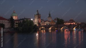Night view of Vltava River and Prague Castle in Prague Czech Republic