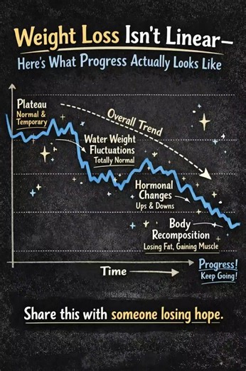 Weight loss is not a straight line 📉📈 Real progress includes ups, downs, and pauses — and that’s normal. ✔️ Weight loss plateaus ✔️ Water weight fluctuations ✔️ Hormonal cycles ✔️ Fat loss vs scale weight ✔️ Body recomposition The scale doesn’t always show fat loss. Consistency always wins. 👉 Share this with someone losing hope 📌 Save this for hard days #weightlossjourney #weightlossplateau #fatlossnotweightloss #bodyrecomposition #waterweight #hormonesandweightloss #progressnotperfection #f