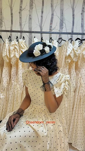 The short version of the polka dress R2,300.00 black & white roses hat R450.00 black polka gloves R100.00 | Queendom.MMM