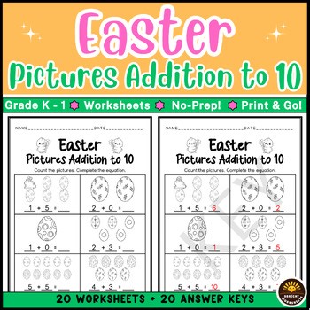 Easter Picture Addition to 10 Worksheets | Missing Addends | Grade K-1 No Prep