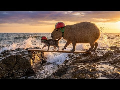 Capy Dad Capybara Rescues a Cat on Sea Rocks | Capybara Cute Moments & Facts