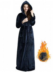 LOFIR Womens Fleece Hooded Robe - Luxury Soft Warm Fluffy Plush Long Bathrobes for Women (XL, Navy Blue)