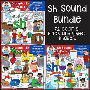 Digraph Sh Sounds Clip Art Bundle (Sh Pack 1, 2 & 3) – 72 PNG Images