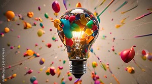 Creative colored light bulb explosion with shards and paint, a creative idea. Think different, concept. Business, ideas and the discovery of new technology.
