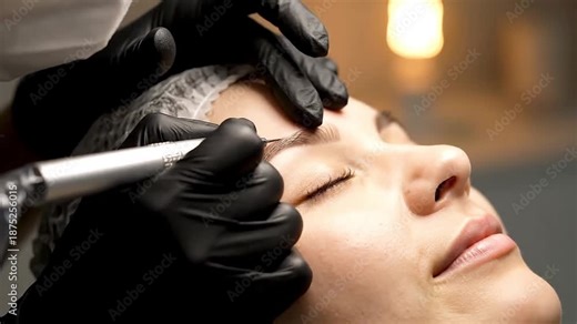 Eyebrow Microblading Procedure Closeup with Gloved Hands and Precision Tool
