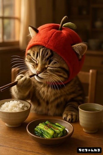 🍎りんごの被り物をしたうにちゃん、長野名物・野沢菜漬けを食べる🥢✨