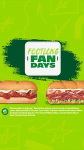Two footlongs for the price of one? It’s happening now with Footlong Fan Days. Use code FLBOGO in-app or online. | Subway | Facebook