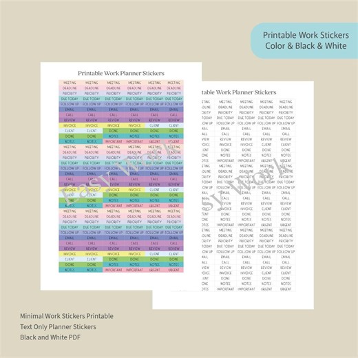 Printable Work Planner Stickers | Text Only Labels | Color & Black   White | Instant Download PDF - Etsy