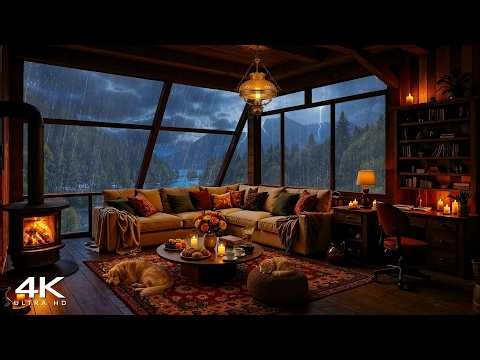 [4K] Cozy Cabin Ambience 🌧️ Calm Piano Jazz Music with Thunderstorm & Rain Sounds for Stress Relief