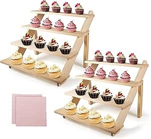 2PCS Wood Cupcake Stand, 4 Tiered Rustic Display Stand, Vendors Retail Display Shelves Wooden Table Display Riser for Food, Dessert, Cookie, Decor, Perfume, Craft Show