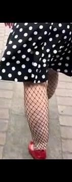 Thick blonde bbw in skirt walking in black fishnets stockings fishnets hosiery Tryon plus size pawg
