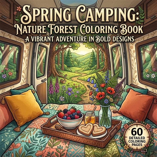 60 Spring Camping Coloring Pages | Nature Forest & Outdoor Landscape Coloring Book | Printable Spring Adventure Scenes | Instant Download