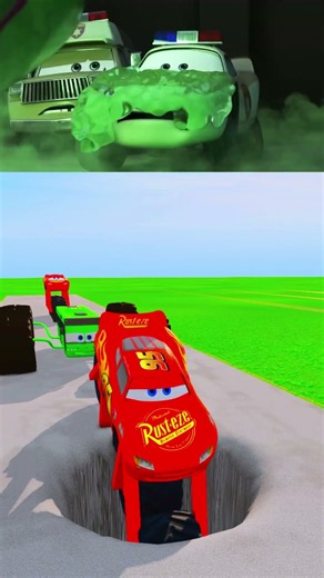 Cyber Police Bus Monster McQueen Vs Giant Deep Pit - BeamNG.drive