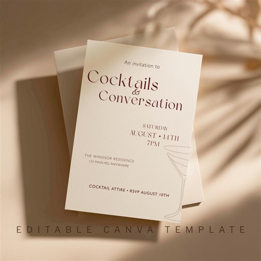 Cocktail Party Invitation Template, Cocktails & Conversation Invite, Editable Canva Template, Modern Minimalist Dinner Party Invitation - Etsy