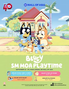 Wackadoo! Bluey’s here at SM Mall of Asia! 💙 📍 Main Atrium 📅 September 22–30, 2025 Come and play the Bluey way with: 🎨 Color with Bluey 🛍️ Bluey’s Pop-up Store 🏡 The Heeler Playroom 👋 Say g’day to Bluey herself at the Meet & Greet on Sept 22, 25 & 26! It’s going to be for real life fun — see you there! 💙 #BlueyPlaytimeAtMOA #ExperienceMOA #EverythingsHereAtSM | SM Mall of Asia Official