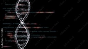 Blurred computer code with dna chain on clean black copy space background. Seamless looping.