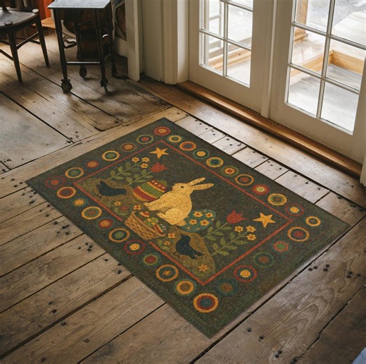 Primitive Easter Bunny Rug With Crows, Eggs & Tulips - Folk Art Spring Decor - Etsy