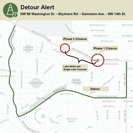Cascade Natural Gas work to close NW Bend roundabouts, shift and close lanes; detour route advised