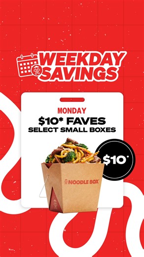 Why cook when you can save at Noodle Box? Get a fresh deal Monday to Thursday! Enjoy $10* Small Favourites, 2-for-$20* small boxes, FREE* size upgrades & more. Visit us in-restaurant this week! T&Cs Apply* - in restaurant or pick-up on ATE. For full T&Cs, visit our website. | Noodle Box