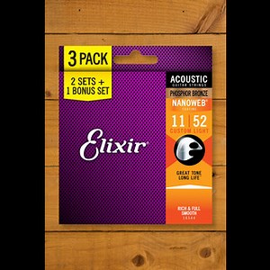 Elixir Nanoweb Coated Phosphor Bronze Acoustic Guitar Strings | 11-52 - 3-Sets