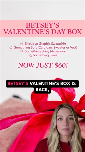 Valentine’s Day, but make it extra fun 💕 For just $60, our Valentine’s Box includes an exclusive graphic sweatshirt, something soft, a fun shiny accessory, and something sweet. Plus, every $1 spent = 1 entry to win groceries for a year a Chevy Suburban OR $100,000 cash. A sweet gift and a really exciting bonus ✨ | Betsey's Boutique Shop