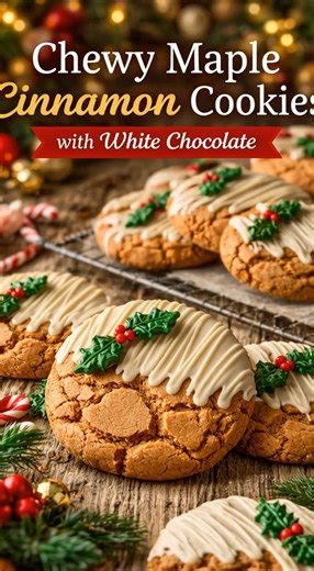 Chewy Maple Cinnamon Cookies with White Chocolate Yield: 24 cookies Prep Time: 30 minutes Cook Time: 15 minutes Chill & Set Time: ~45 minutes Total Time: ~1 hour 30 minutes Category: Dessert Method: Baking Description Soft and chewy maple cinnamon cookies dipped in smooth white chocolate and topped with festive holly berry sprinkles. Perfect for holidays, gifts, or cozy winter desserts. Ingredients 1 batch Chewy Maple Cinnamon Cookie Dough (prepared as per base recipe) White chocolate melting wa