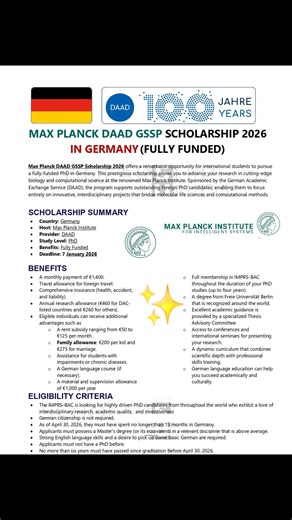  Max Planck DAAD GSSP Scholarship 2026 in Germany  Program Name:...