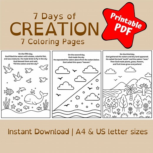7 Days of Creation Coloring Book: Bible Stories, Sunday School Lesson (printable PDF) - Etsy