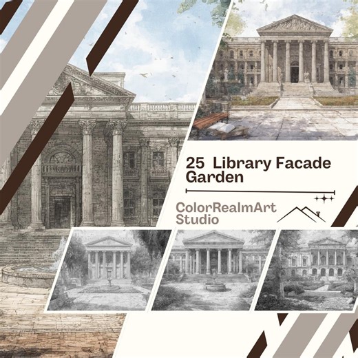 Library Facade Garden Coloring Pages | 25 Printable Library Architecture Art | Relaxing Landscape Coloring Book PDF - Etsy