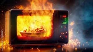 Microwave on fire with burning food inside amidst sparks and smoke