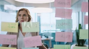 beautiful business woman using sticky notes brainstorming ideas planning strategy problem solving with creative mind map working on solution in office 4k