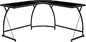 Benjara L Shaped Writing Desk with Glass Top and Curved Metal Frame, Black