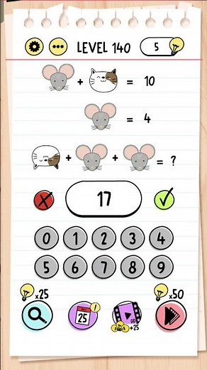 Brain test level 140 solution - Mouse is 4, Cat is 6, Upside down cat is 9, The answer is 9+4+4 = 17