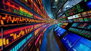 A long wall of computer monitors displaying stock market information